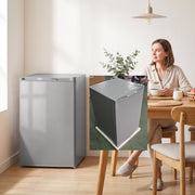 Grey mini freezer beside a dining table while a woman has breakfast