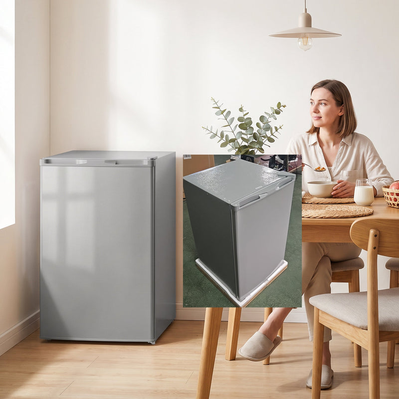 Grey mini freezer beside a dining table while a woman has breakfast