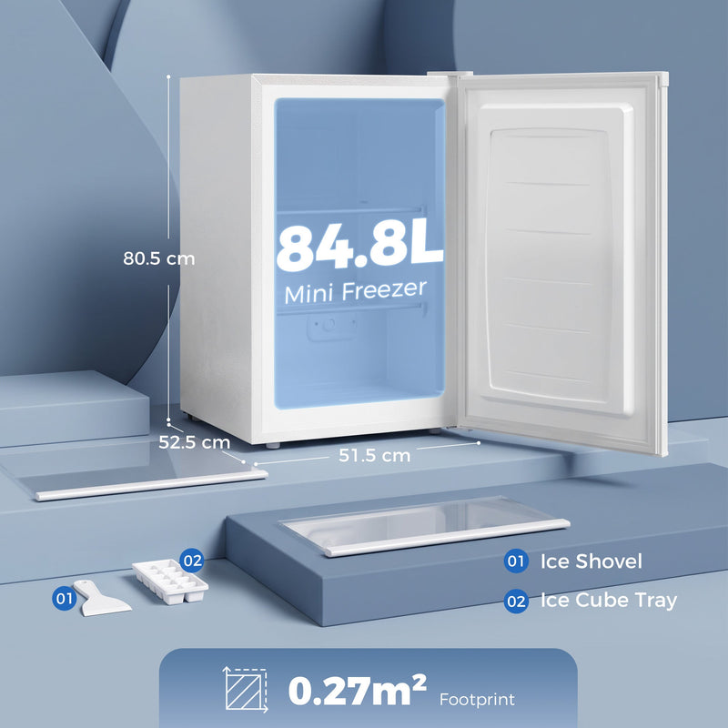 Dimensions diagram of the white mini freezer: 80.5 cm high, 52.5 cm deep, 51.5 cm wide, 84.8L capacity and 0.27 square metre footprint, with ice shovel and ice cube tray