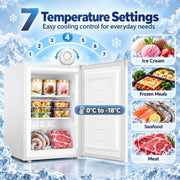 Open white mini freezer with ice cream, frozen meals, seafood and meat inside, with 7 temperature settings from 0 to -18°C