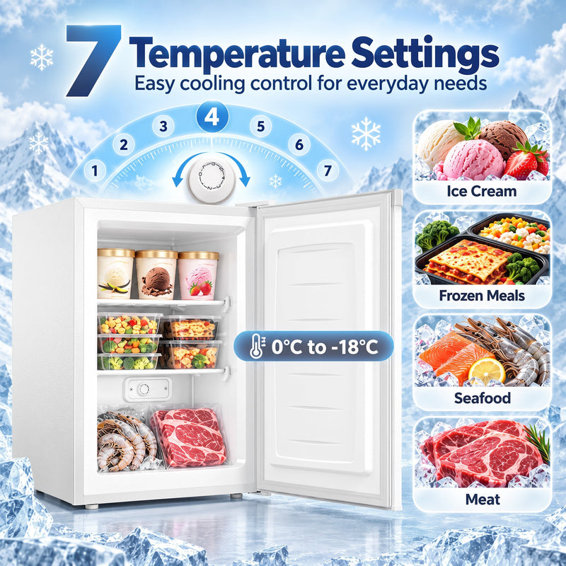 Open white mini freezer with ice cream, frozen meals, seafood and meat inside, with 7 temperature settings from 0 to -18°C