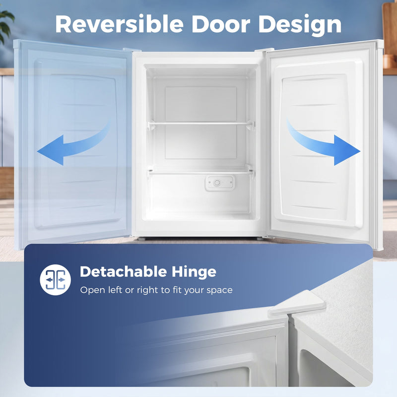 Infographic of the white mini freezer's reversible door with detachable hinge opening left or right