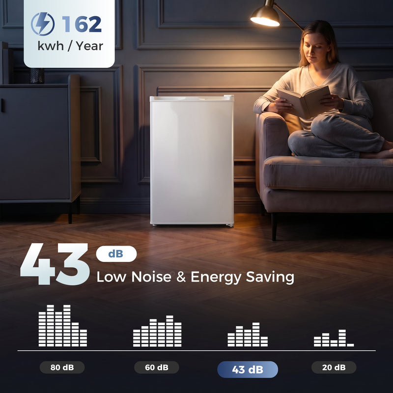 White mini freezer in a dim living room with 162 kWh per year and 43 dB noise infographic