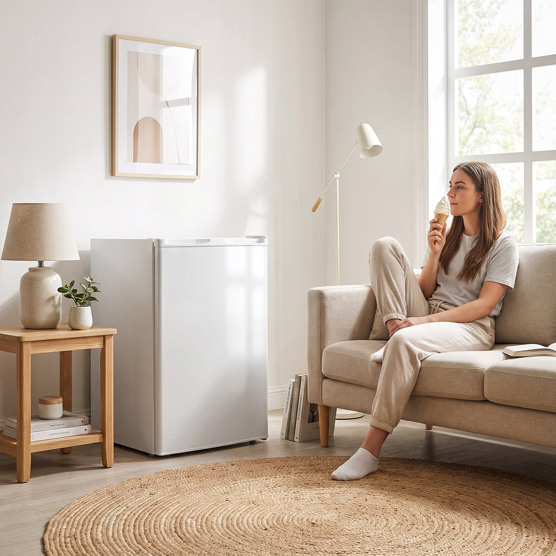 White mini freezer next to a sofa while a woman eats ice cream