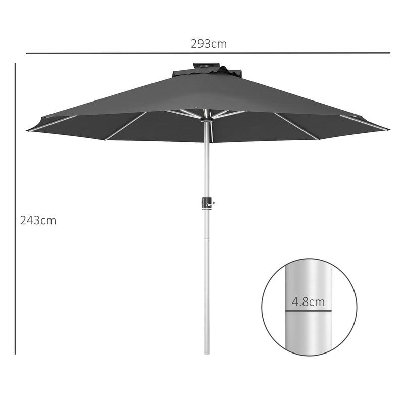 Grey 3m Garden Parasol with Solar LED Lights for Shaded Outdoor Seating