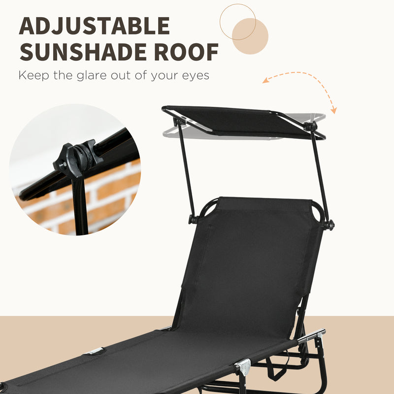 Black Folding Sun Loungers Set of 2 Adjustable Backrests and Face Canopies for Outdoor Use Black Outsunny