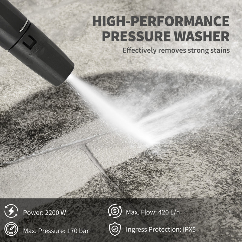 2200W High Pressure Washer 170 Bar 420L/h Flow With Adjustable Nozzle and Hose Reel by Outsunny AOSOM