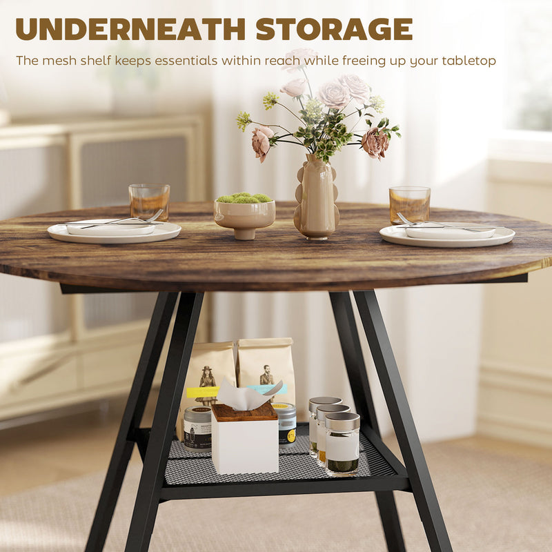 4 Seater Round Dining Table with Storage Shelf Modern Industrial Style Rustic Brown Black