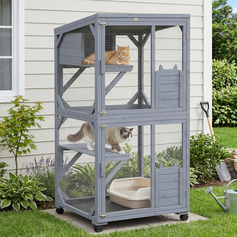 Rolling Outdoor Cat Enclosure With Three Levels for Easy Garden Access Dark Grey Pawhut