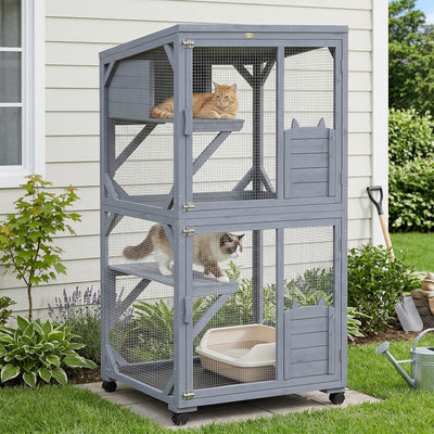 Rolling Outdoor Cat Enclosure With Three Levels for Easy Garden Access Dark Grey Pawhut