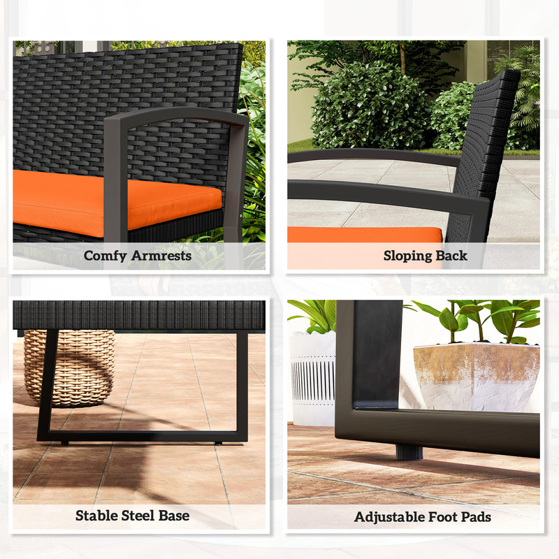 Rattan Garden Bench for Two with Padded Cushion and Steel Frame Black Outsunny
