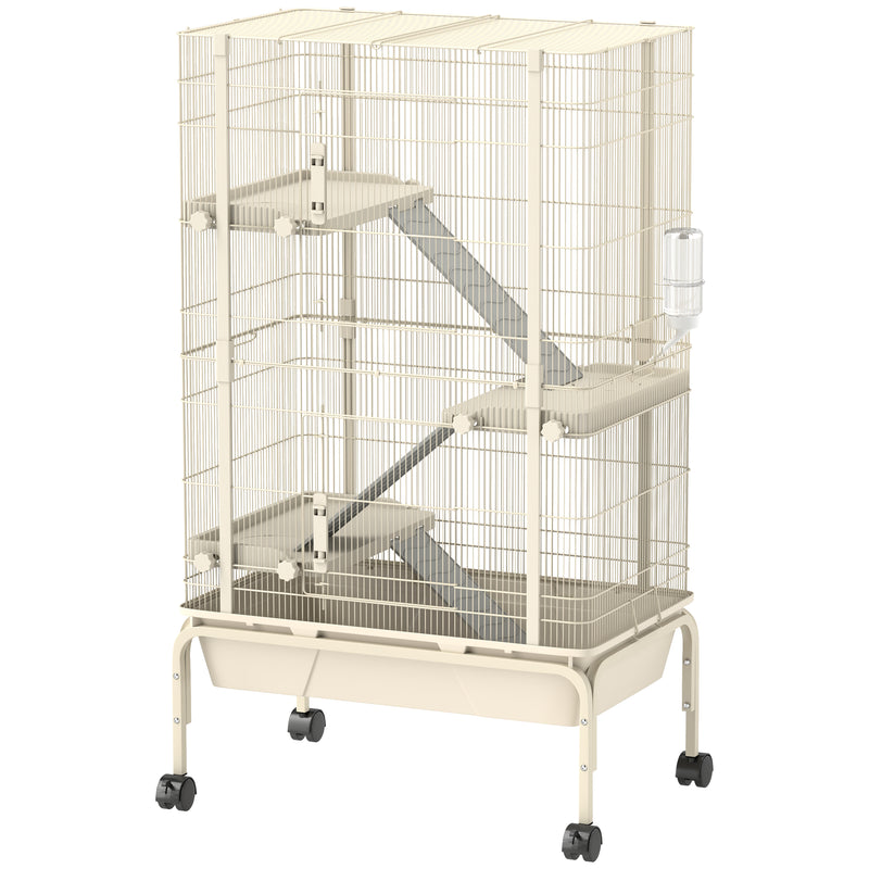 4 Level Rolling Small Animal Cage With Ramps Water Bottle and Deep Tray Beige by PawHut