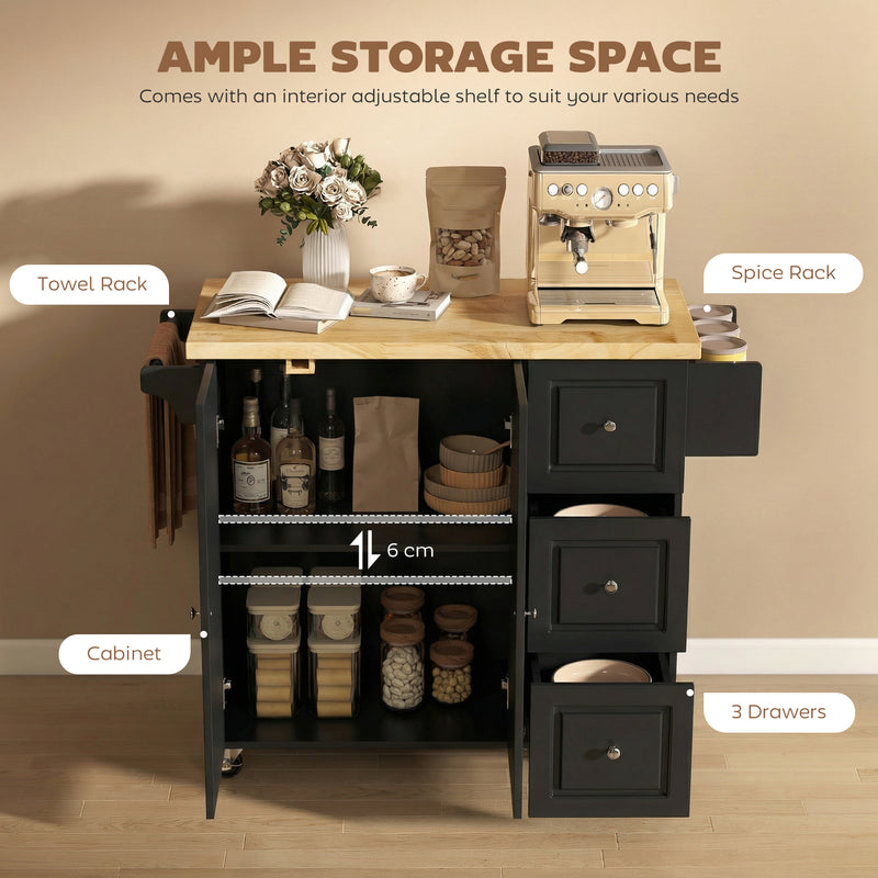 Black Mobile Kitchen Island Trolley With Drop Leaf, Storage Shelves, Drawers, and Rubber Wood Counter Top For Easy Meal Prep