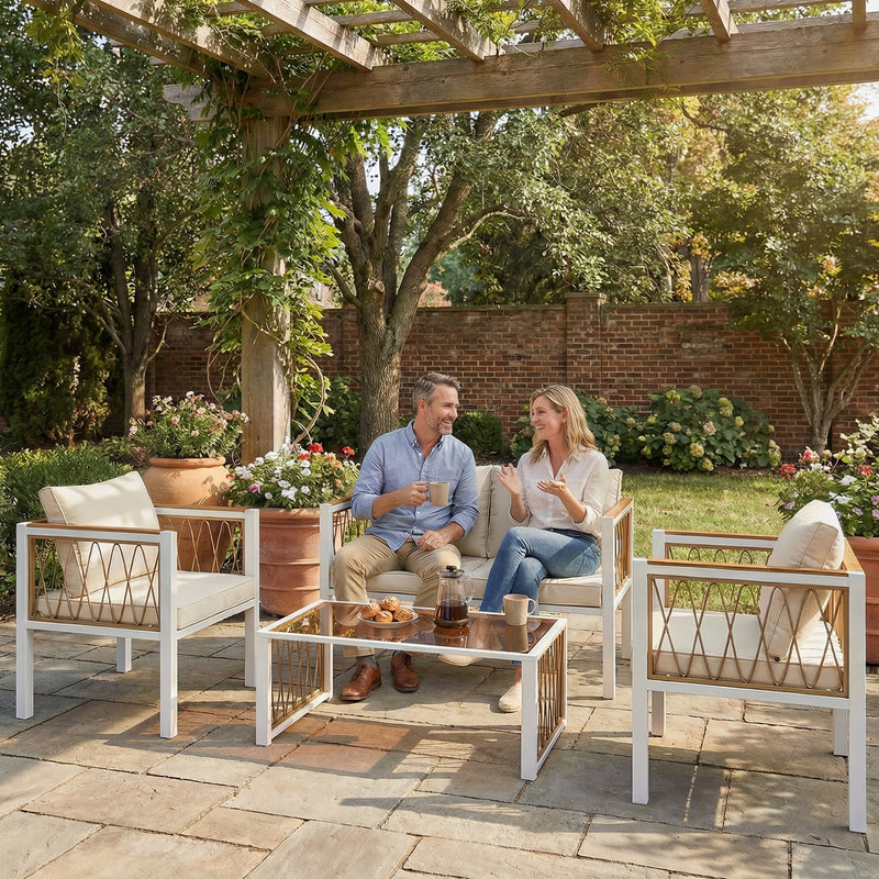 Rattan Garden Furniture Set for 4 with Cushions and Glass Coffee Table Cream White