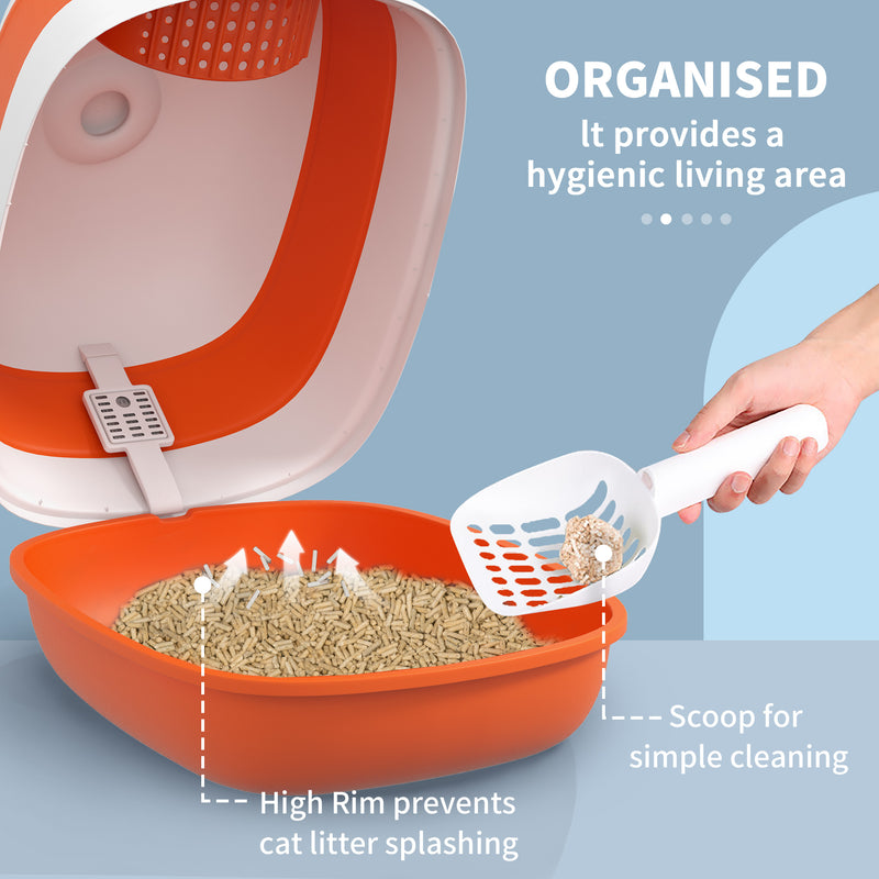 Foldable Cat Litter Tray with Lid Scoop and Deodoriser for Easy Cleaning, Orange