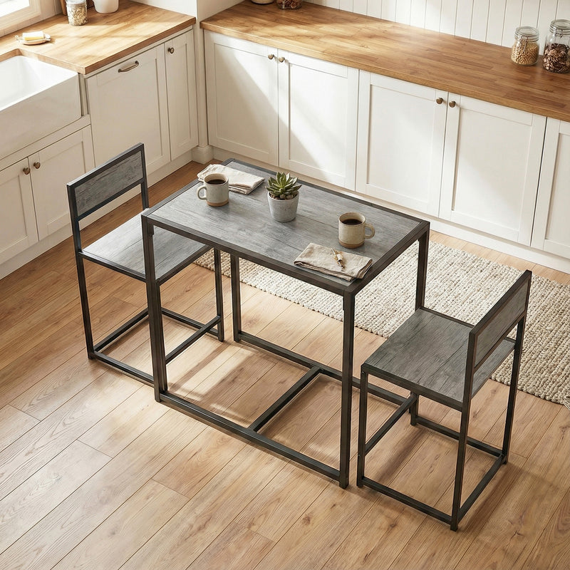 3 Piece Dining Table and Stool Set With Wood Effect Finish for Small Spaces, Charcoal Grey, 90L x 47W x 76H cm