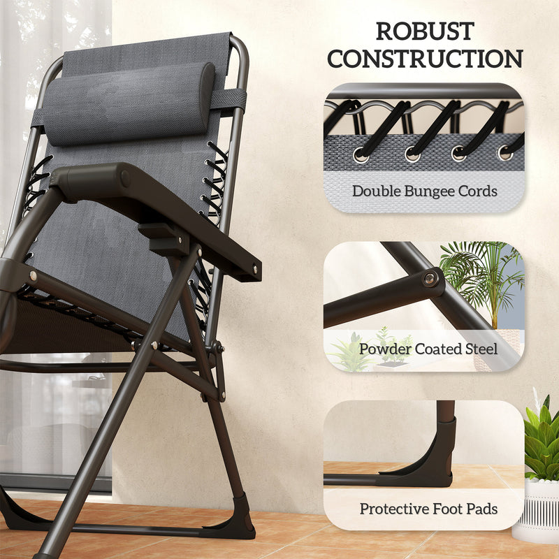 Outsunny Zero Gravity Chairs Set of 2, Folding Sunloungers Reclining Garden Chairs with Cup Holder, Headrest, Dark Grey AOSOM