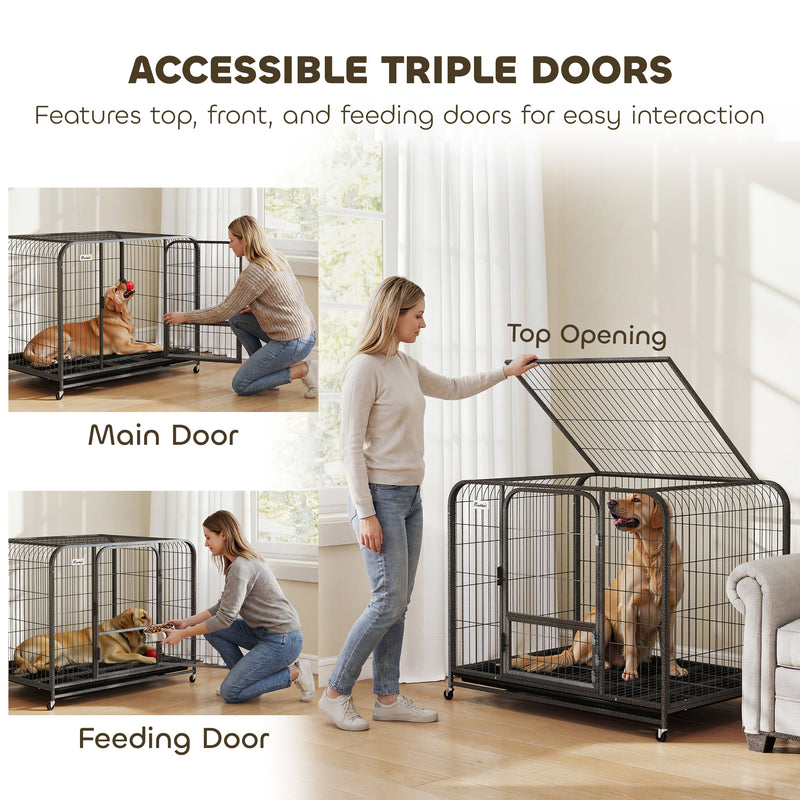 Large Dog Crate with Heavy Duty Steel Frame and Lockable Wheels for Secure Home Use Black Pawhut