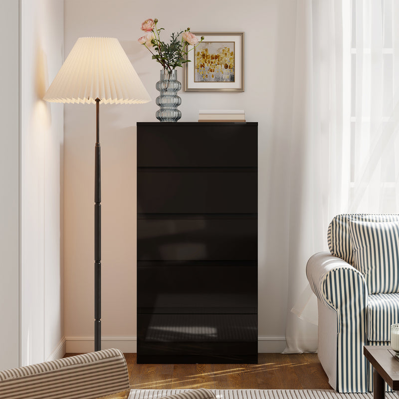 Chest of Drawers with 5 Spacious Handleless Storage Drawers for Bedroom Organisation High Gloss Black AOSOM