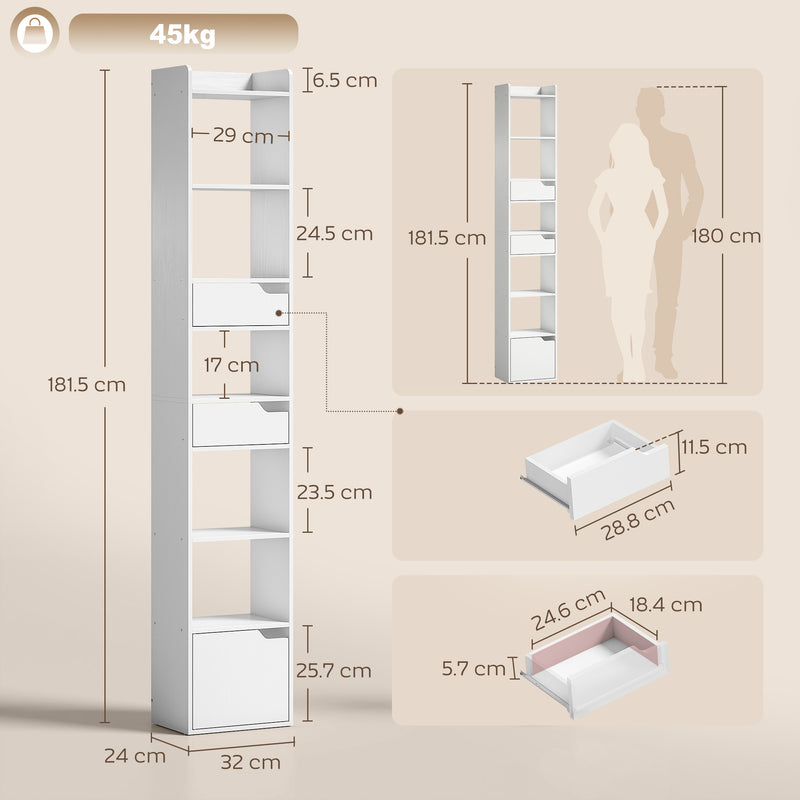 Slim Corner Bookcase with Shelves Drawers and Cabinet for Small Spaces White Wood Effect