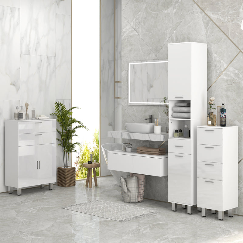 Tall Slim Bathroom Storage Cabinet With Adjustable Shelves And Drawer, High Gloss White