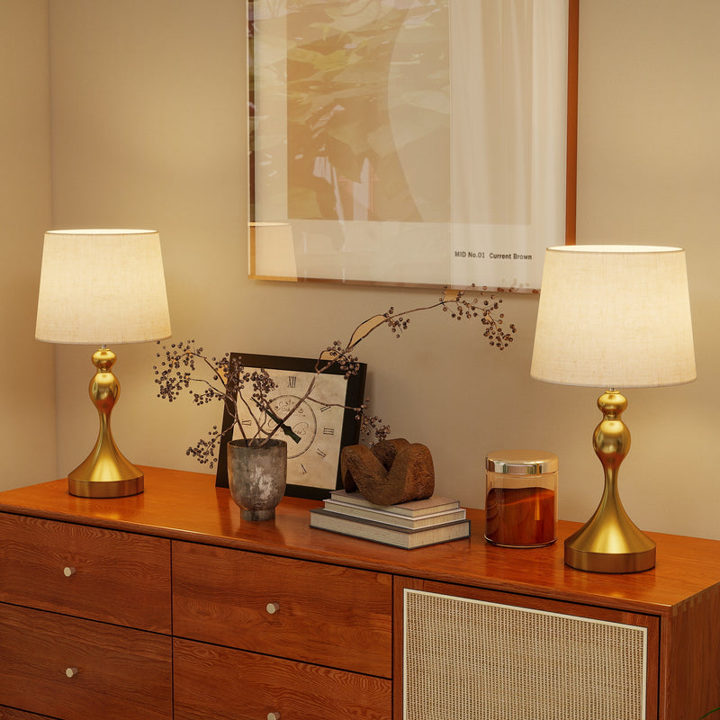 Set of 2 Modern Bedside Table Lamps with USB Charging and 3 Light Modes, Gold Tone AOSOM