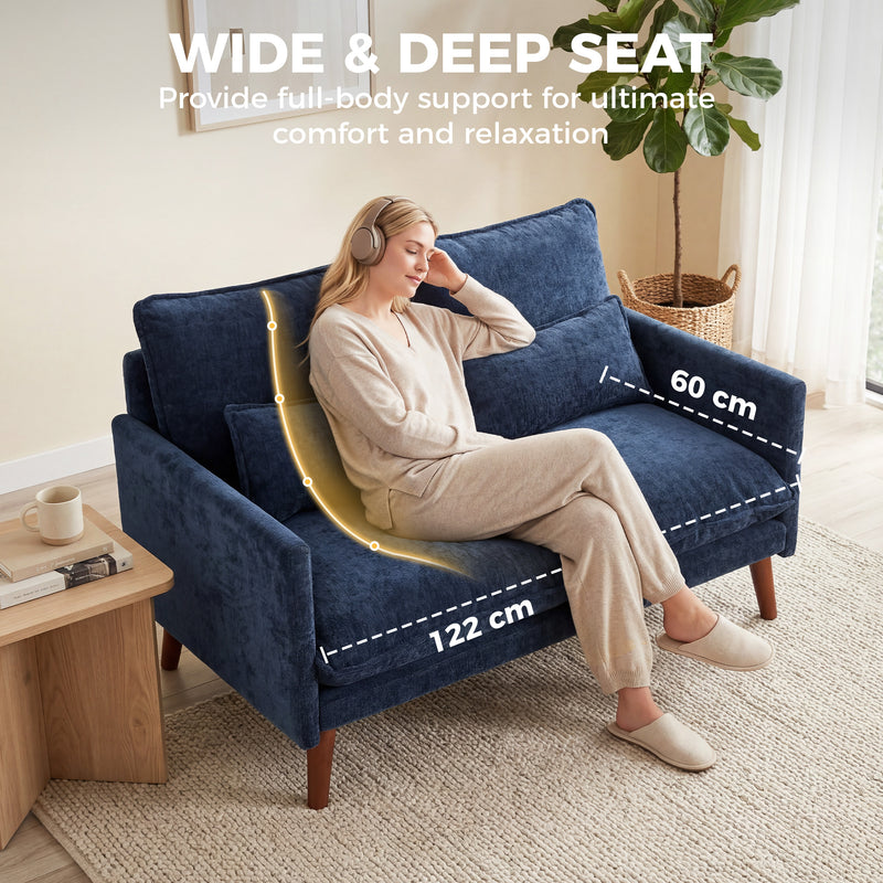 2 Seater Compact Sofa for Small Spaces with Supportive Cushions and Velvet Feel Blue