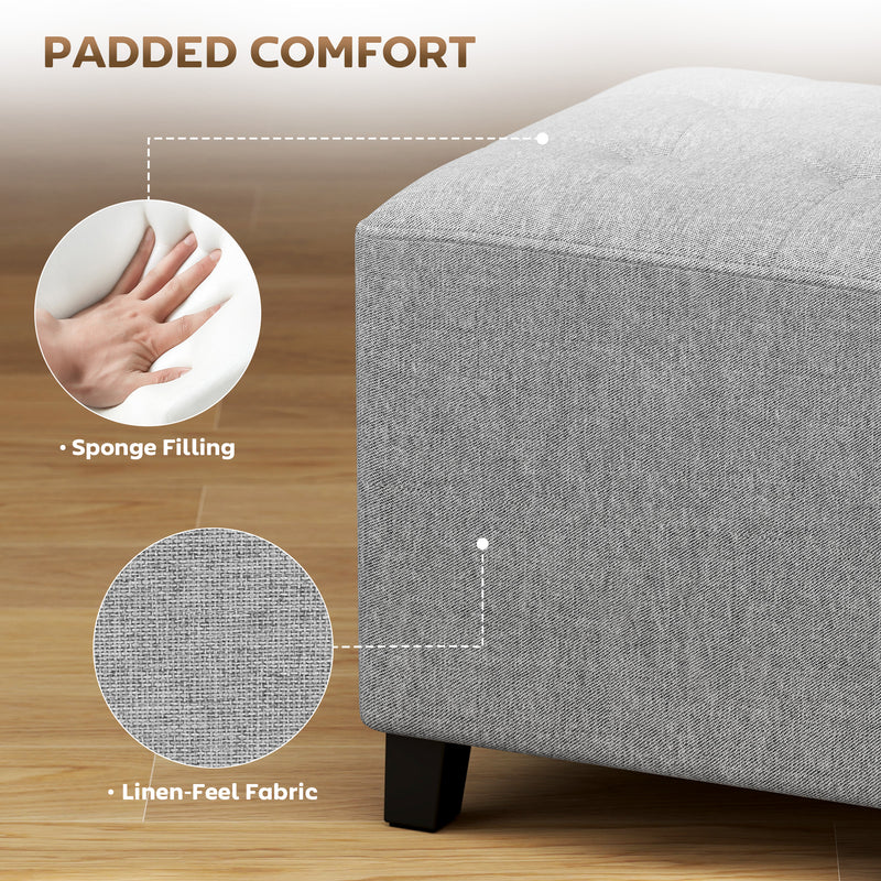 Small Light Grey Linen Ottoman Footstool With Side Pocket And Padded Seat For Living Room