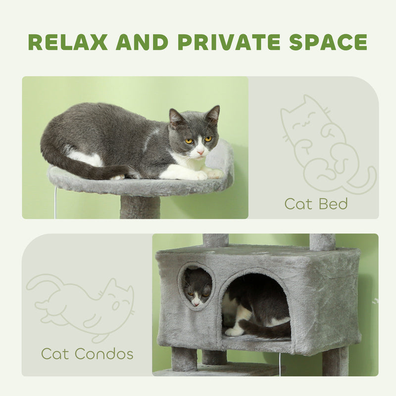 Light Grey 138cm Multi Level Cat Tree With Condos Scratching Posts And Hanging Toys