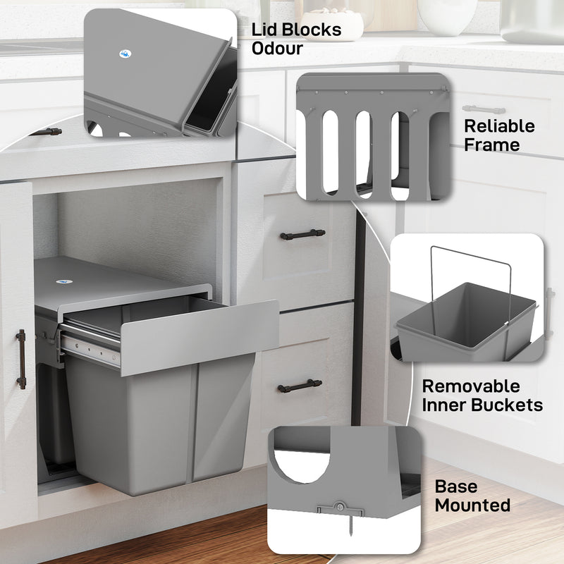 Pull Out Under Sink Bin With 2 Removable 15L Compartments For 400mm Cabinets Light Grey