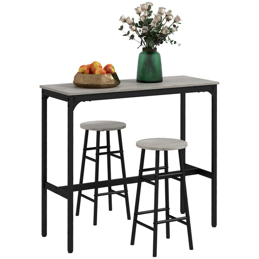 3 Piece Bar Table and Stool Set with Footrests for Kitchen or Dining Room Grey