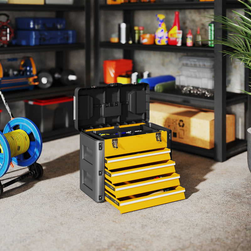 Yellow 4 Drawer Metal Toolbox Chest With Large Storage For Garage Or Workshop AOSOM