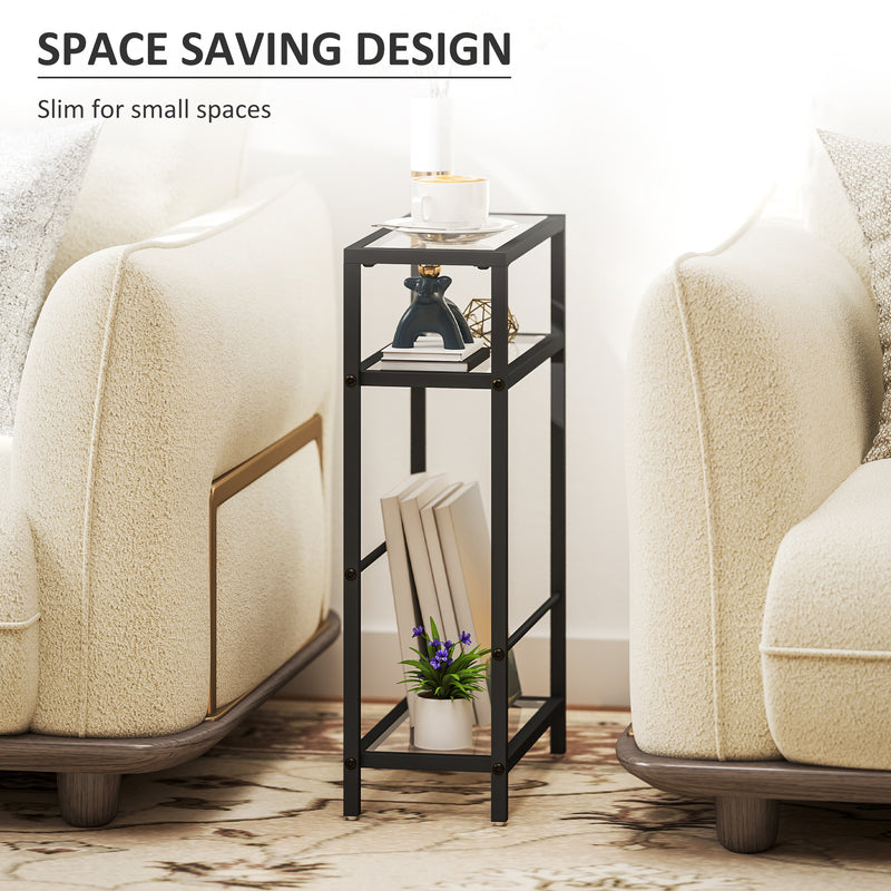 Slim Glass Side Table with Three Shelves for Small Spaces and Extra Storage Black