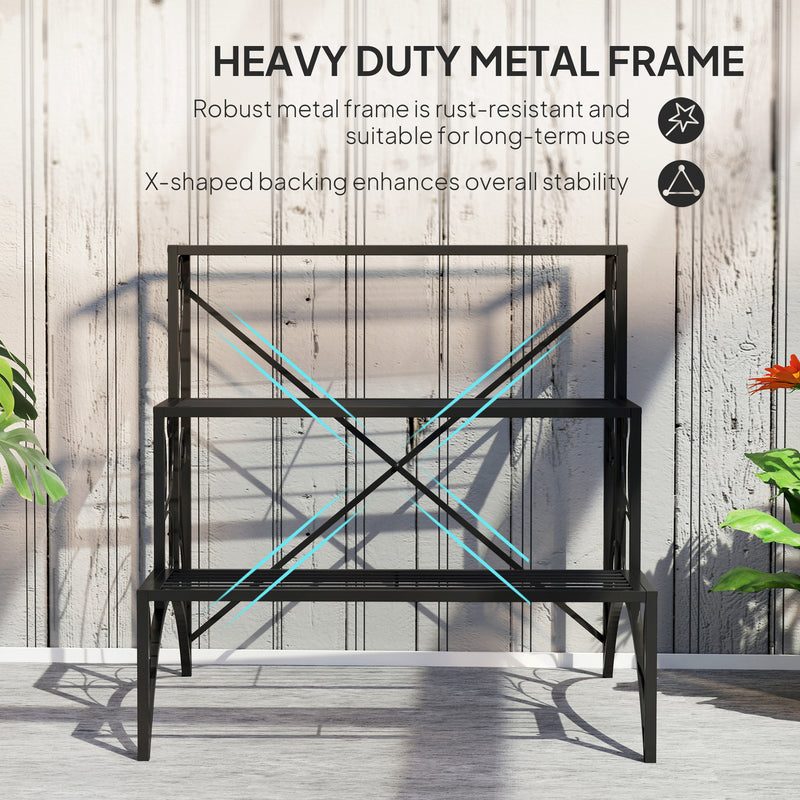 Black 3 Tier Metal Plant Stand for Indoor and Outdoor with Vintage Ladder Design by Outsunny