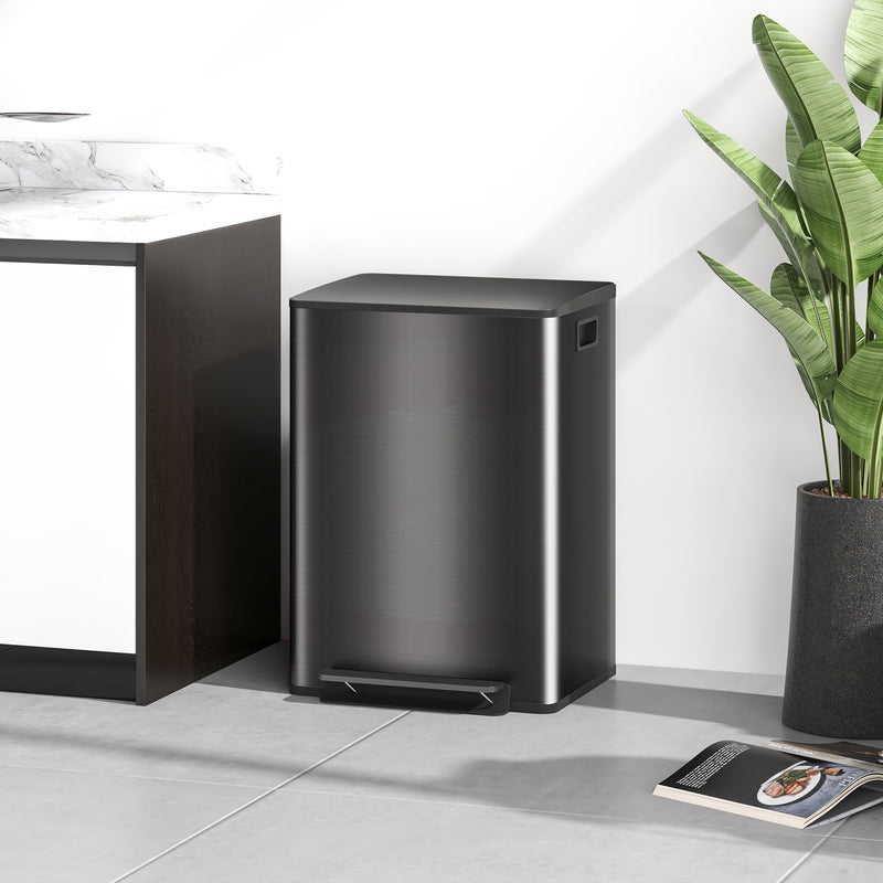 60L Dual Compartment Kitchen Recycling Bin with Deodoriser Holders Stainless Steel, Black