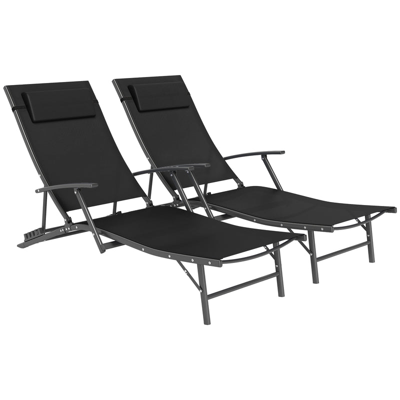 Set of 2 Black Folding Sun Loungers with Adjustable Recline and Pillows for Garden and Patio by Outsunny