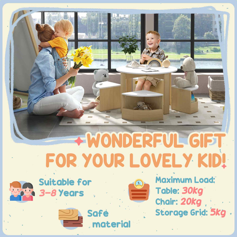 5 Piece Kids Table and Chairs Set with Storage Ideal for Ages 3 to 8 Years White AOSOM