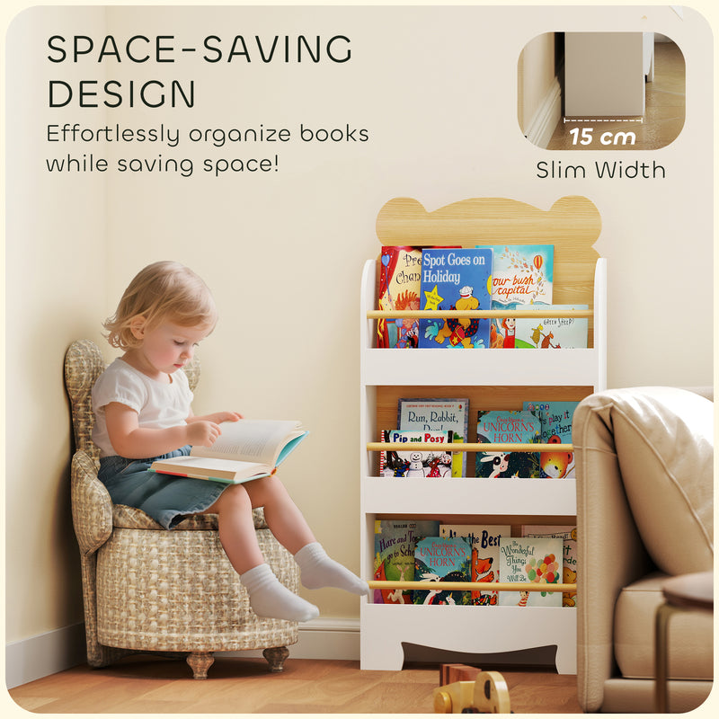 3 Tier Kids Bookshelf With Bear Design Space Saving Bookcase For Bedroom Or Playroom White AOSOM