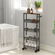 5 Tier Slim Storage Trolley With Wheels And Wood Effect Top For Kitchen Or Bathroom Black AOSOM