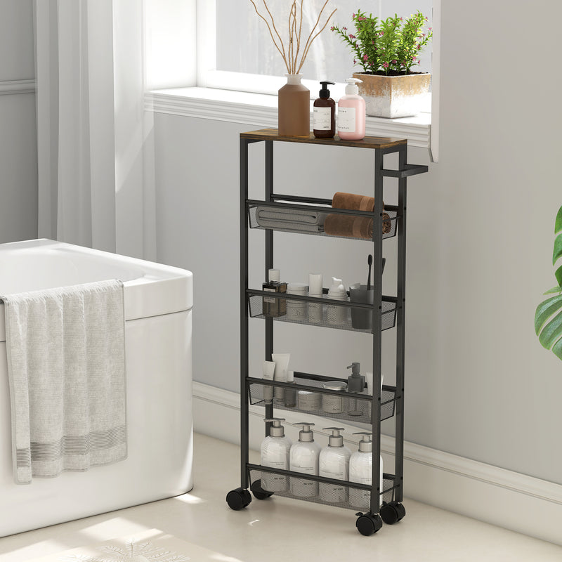 5 Tier Slim Storage Trolley With Wheels And Wood Effect Top For Kitchen Or Bathroom Black AOSOM