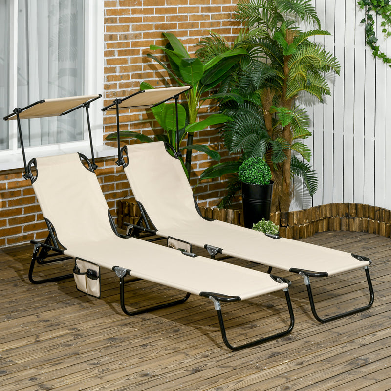 2 Piece Folding Sun Loungers with Canopy Adjustable Recliner Chairs for Garden Beach by Outsunny