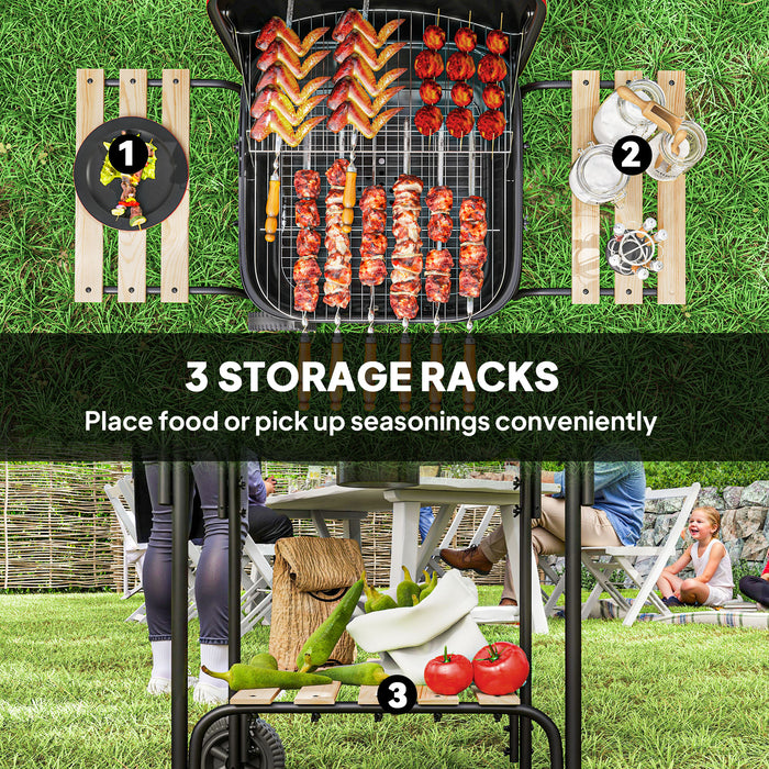 Red Portable Charcoal BBQ Grill with Large Cooking Area Shelves and Wheels by Outsunny