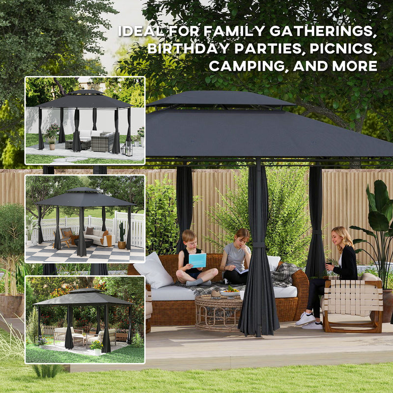 3 x 4m Steel Gazebo with Curtains Elegant Outdoor Shelter in Black by Outsunny