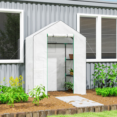 Small Walk In Greenhouse with Shelves White 143 x 74cm for Plants and Seedlings by Outsunny