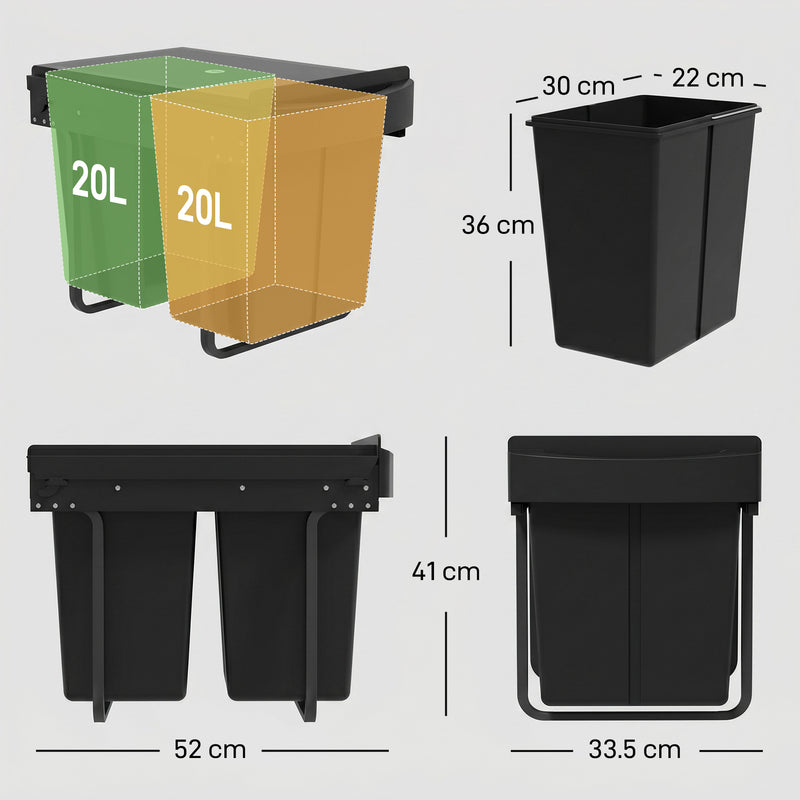 Kitchen Cupboard Pull Out Bin with Dual Compartments for Easy Waste and Recycling Black Homcom