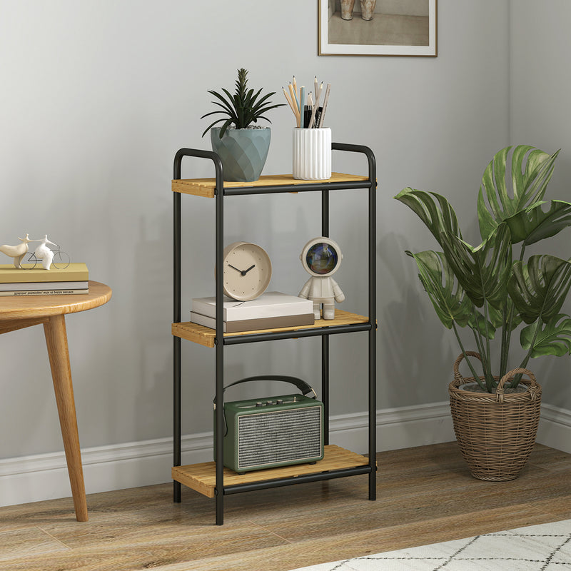 3 Tier Bamboo Bathroom Shelf Freestanding Storage Unit With Slatted Shelves Natural, Black
