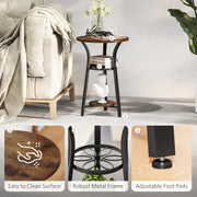 Rustic Brown Round Side Table with 3 Tier Storage Shelves for Living Room or Bedroom