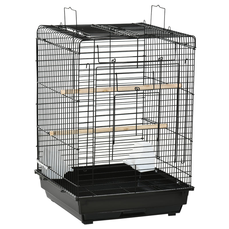 Tall Bird Cage With Open Top Stand and Feeding Bowls for Parakeets and Finches, Black