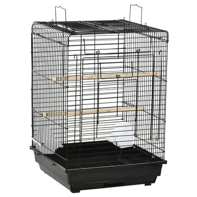Tall Bird Cage With Open Top Stand and Feeding Bowls for Parakeets and Finches, Black