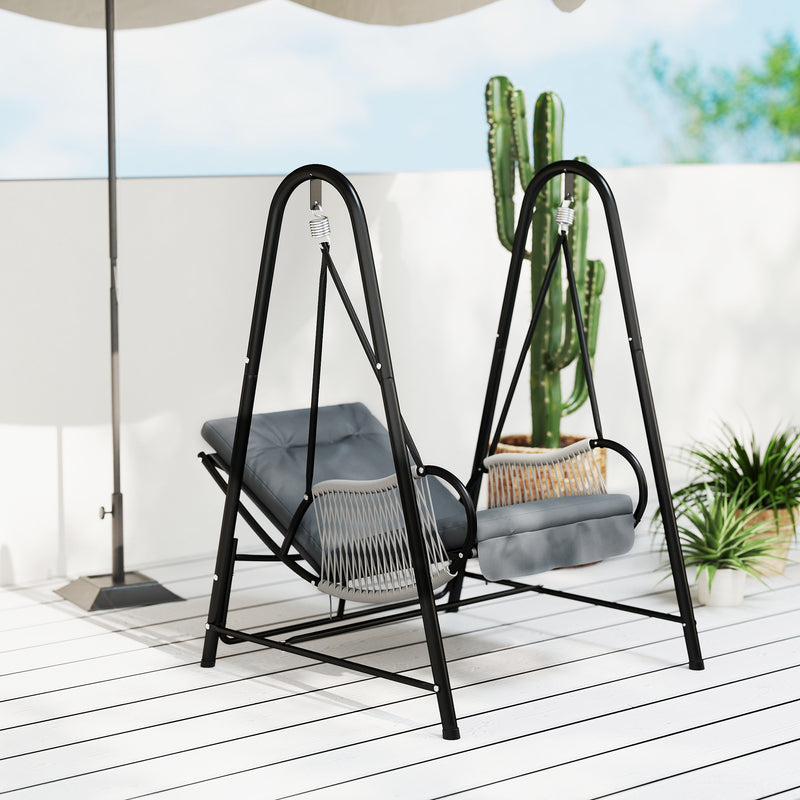 Light Grey Rattan Swing Chair with Stand and Cushion for Garden Balcony and Deck by Outsunny